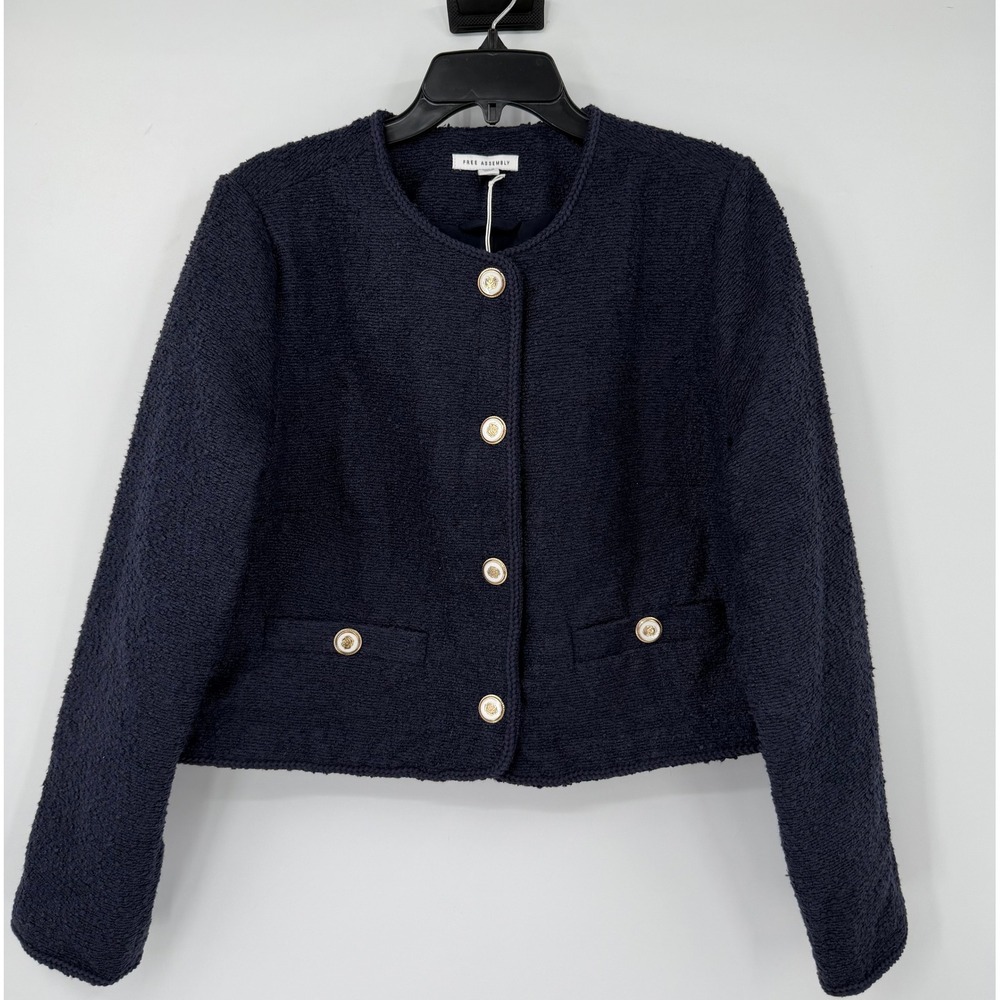 Free Assembly Womens Navy Blue Cropped Tweed Jacket Gold Rose Buttons Size L NEW